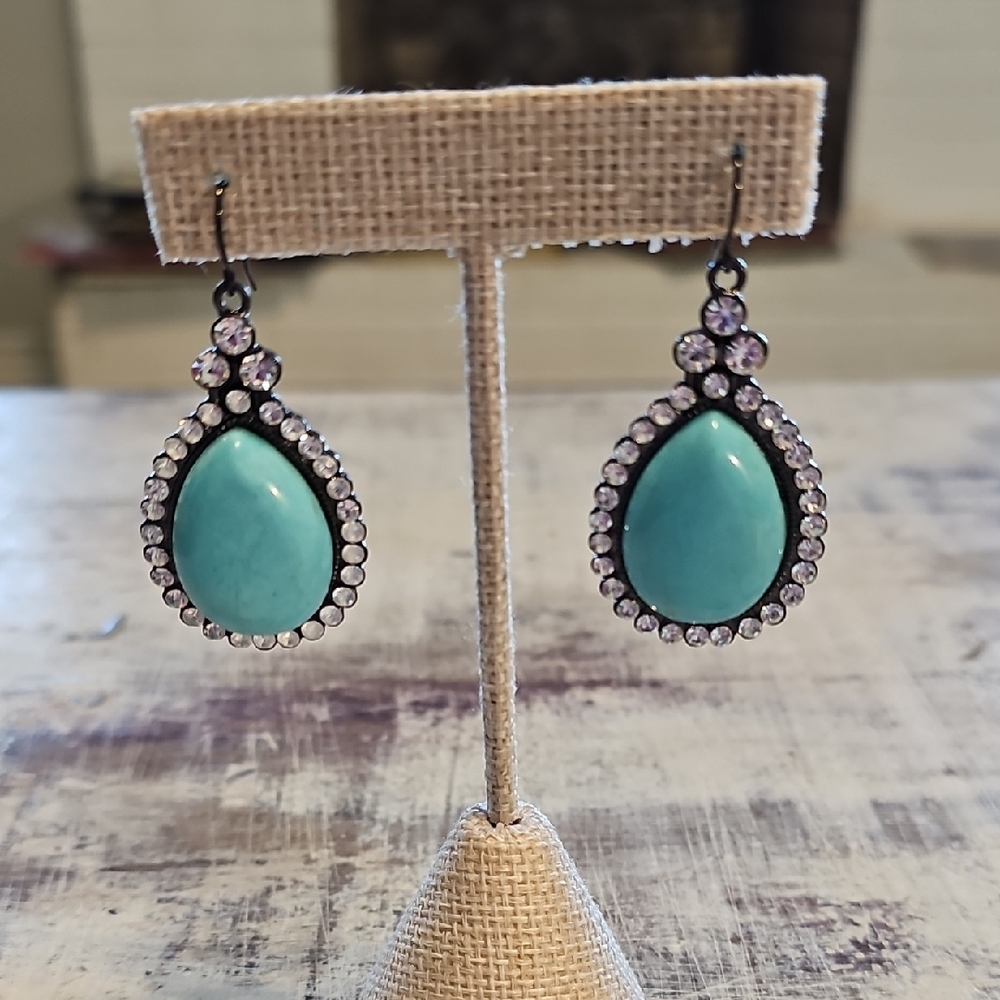 💧 Stunning Faux Turquoise Teardrop Drop Earrings | Pave Crystal Halo
